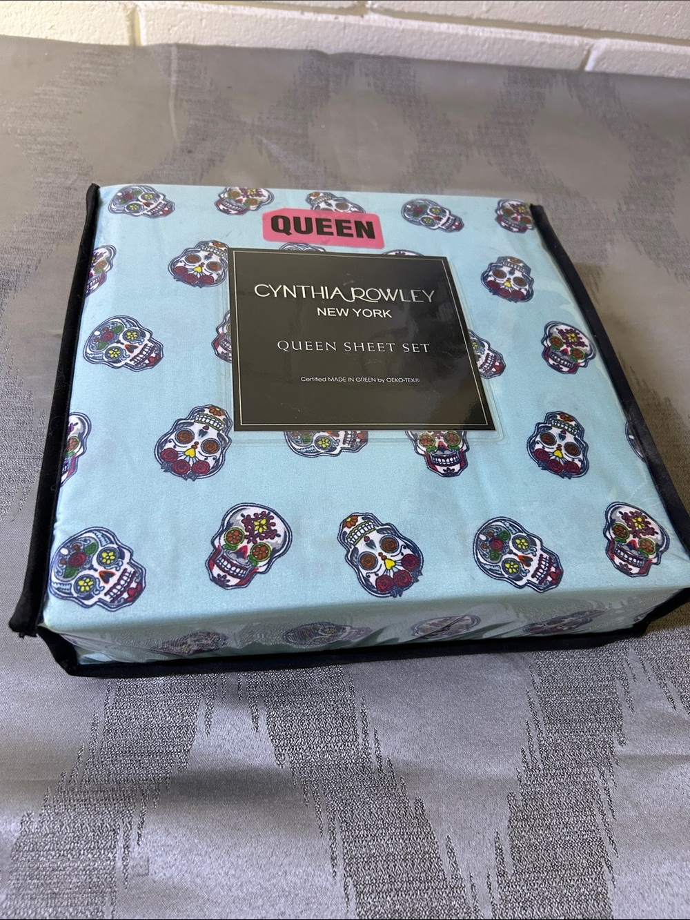 Cynthia Rowley Light Blue Queen Sheet Set with Sugar Skull Print